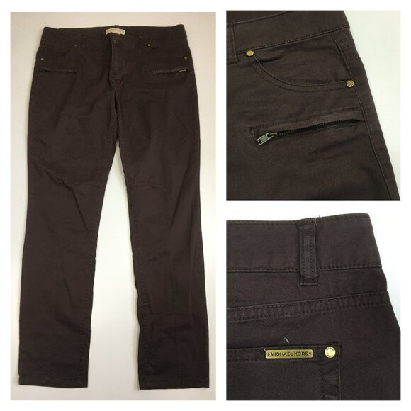 MICHAEL KORS Brown Faux Zip Pockets Logo Hardware 5 Pocket Jeans - Picture 1 of 14